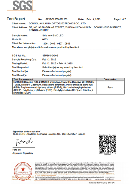 Porcellana Dongguan Lanjin Optoelectronics Co., Ltd. Certificazioni