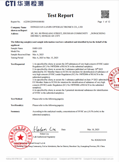 Porcellana Dongguan Lanjin Optoelectronics Co., Ltd. Certificazioni